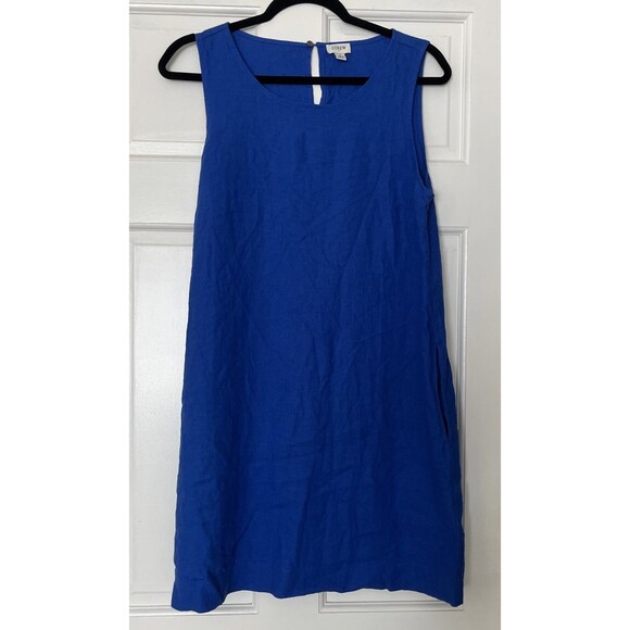 J.Crew Linen Blend Shift Dress 8 Cobalt Blue Sleeveless Coastal Lagenlook Preppy - Picture 1 of 7